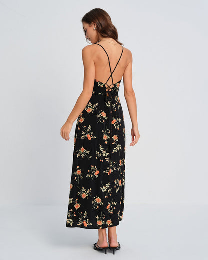 Black Square Neck Floral Slip Maxi Dress