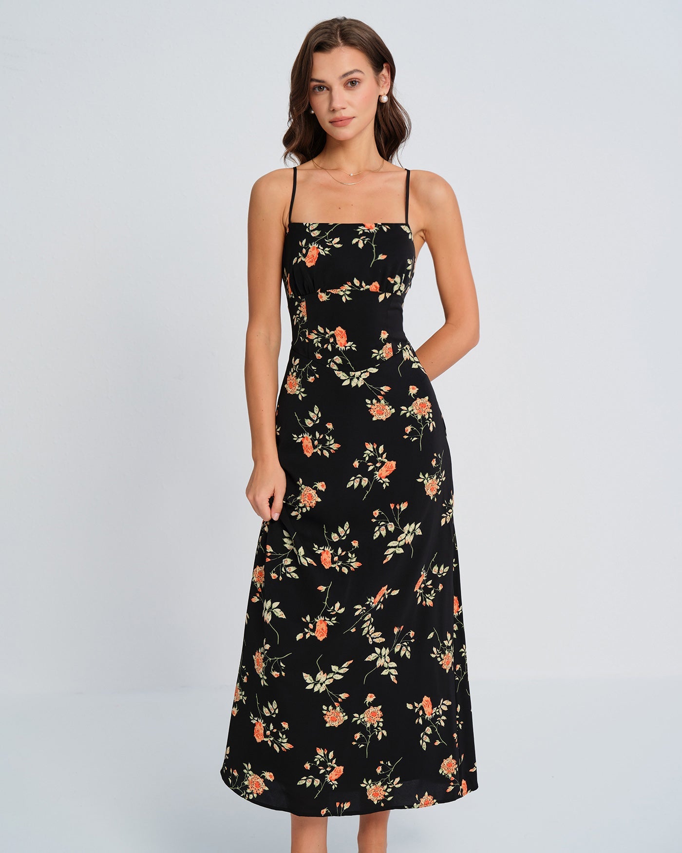 Black Square Neck Floral Slip Maxi Dress