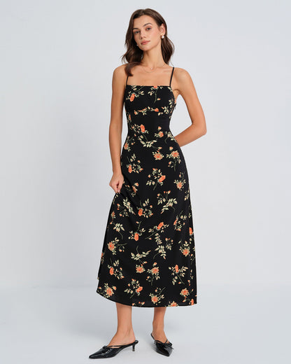 Black Square Neck Floral Slip Maxi Dress