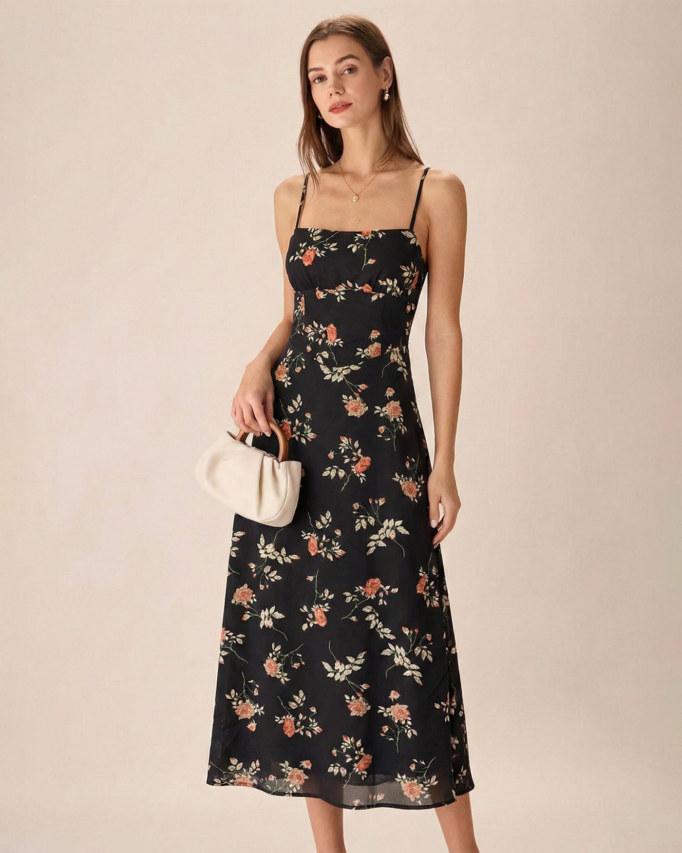 Black Square Neck Floral Slip Maxi Dress